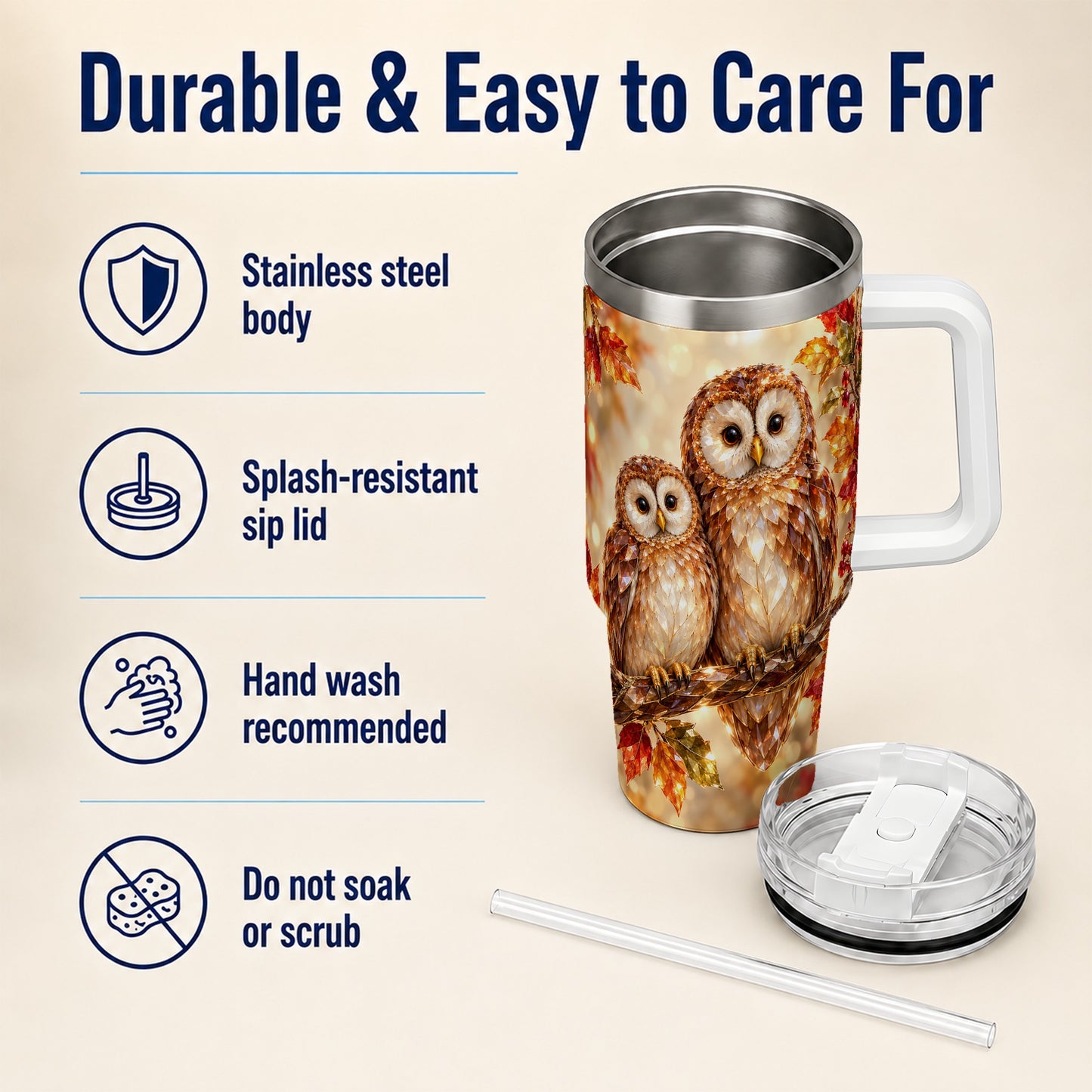 #pl[40oz|White] Faceted Owl Pair 40oz Tumbler, Owl Tumbler, Stainless Steel Travel Cup