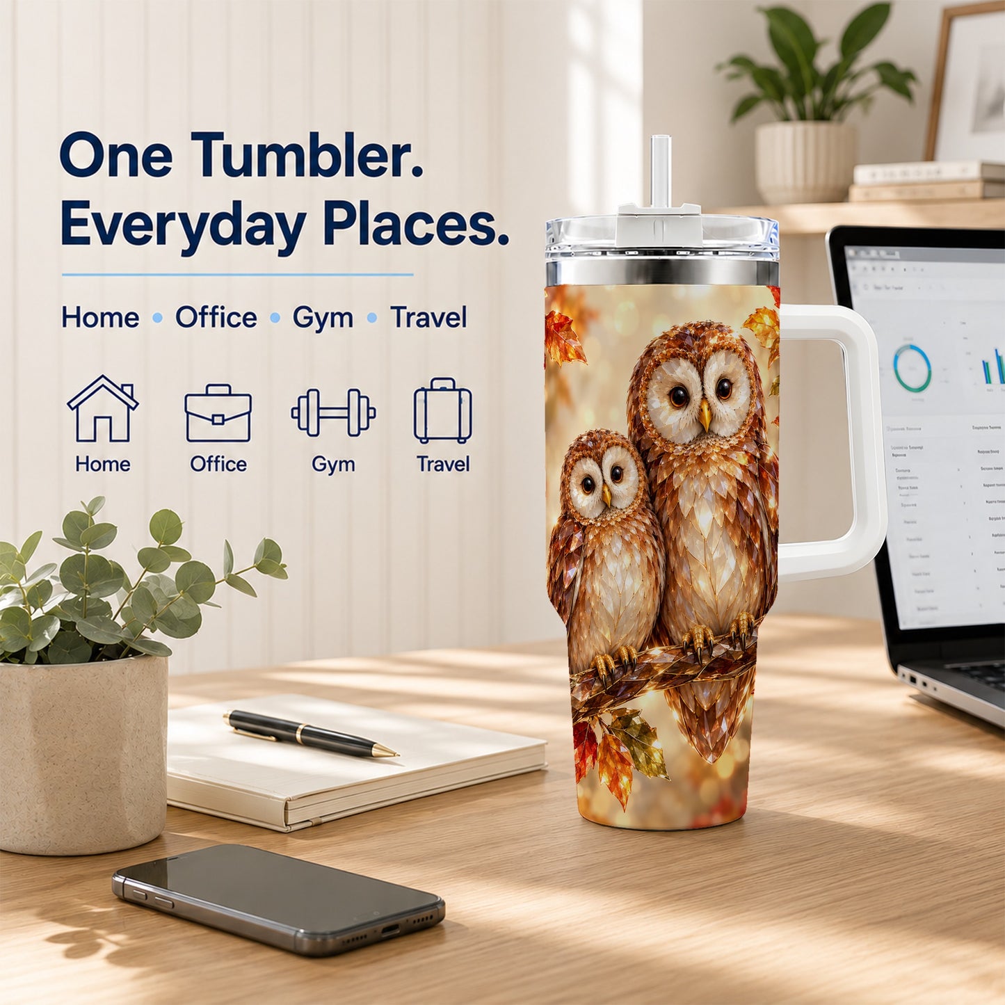 #pl[40oz|White] Faceted Owl Pair 40oz Tumbler, Owl Tumbler, Stainless Steel Travel Cup