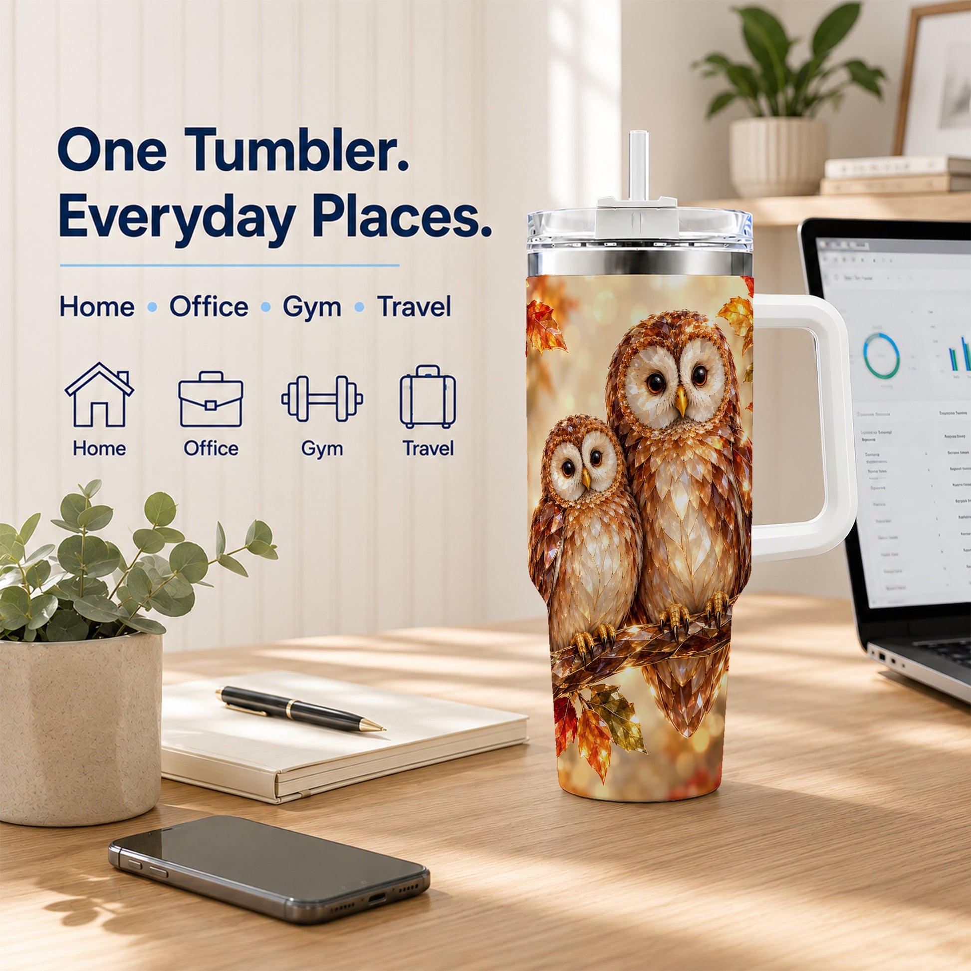 #pl[40oz|White] Faceted Owl Pair 40oz Tumbler, Owl Tumbler, Stainless Steel Travel Cup