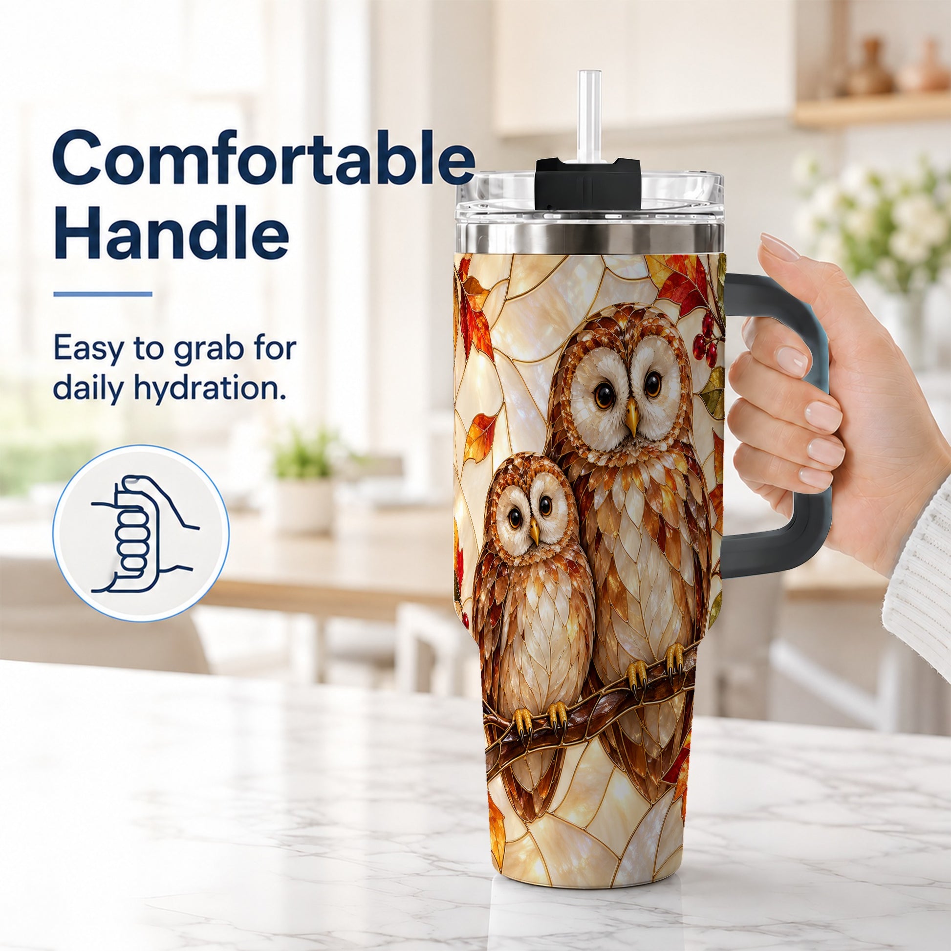 #pl[40oz|Black] Mosaic Owl 40oz Tumbler, Owl Tumbler, Stainless Steel Travel Cup