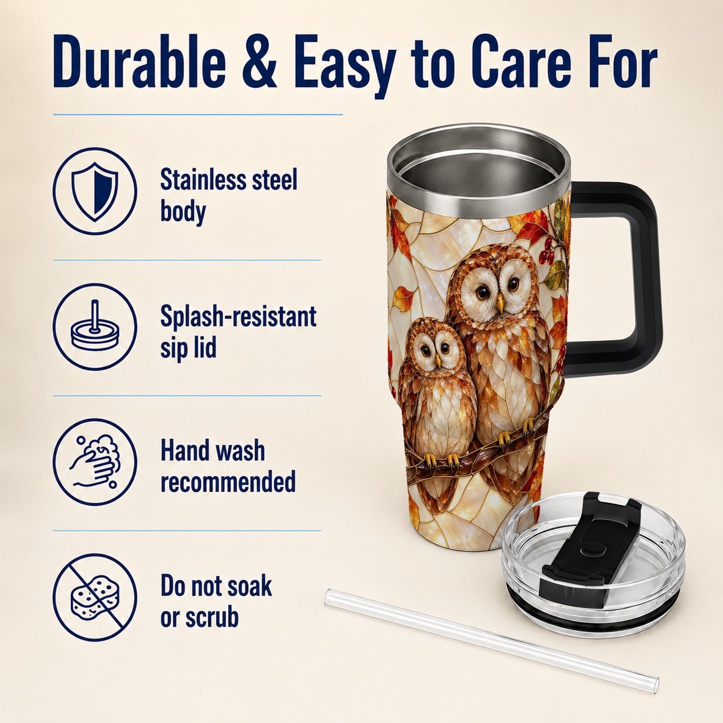 #pl[40oz|Black] Mosaic Owl 40oz Tumbler, Owl Tumbler, Stainless Steel Travel Cup