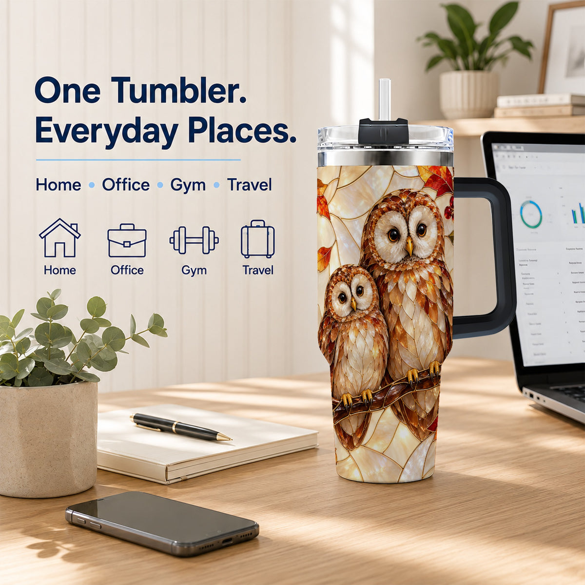 #pl[40oz|Black] Mosaic Owl 40oz Tumbler, Owl Tumbler, Stainless Steel Travel Cup