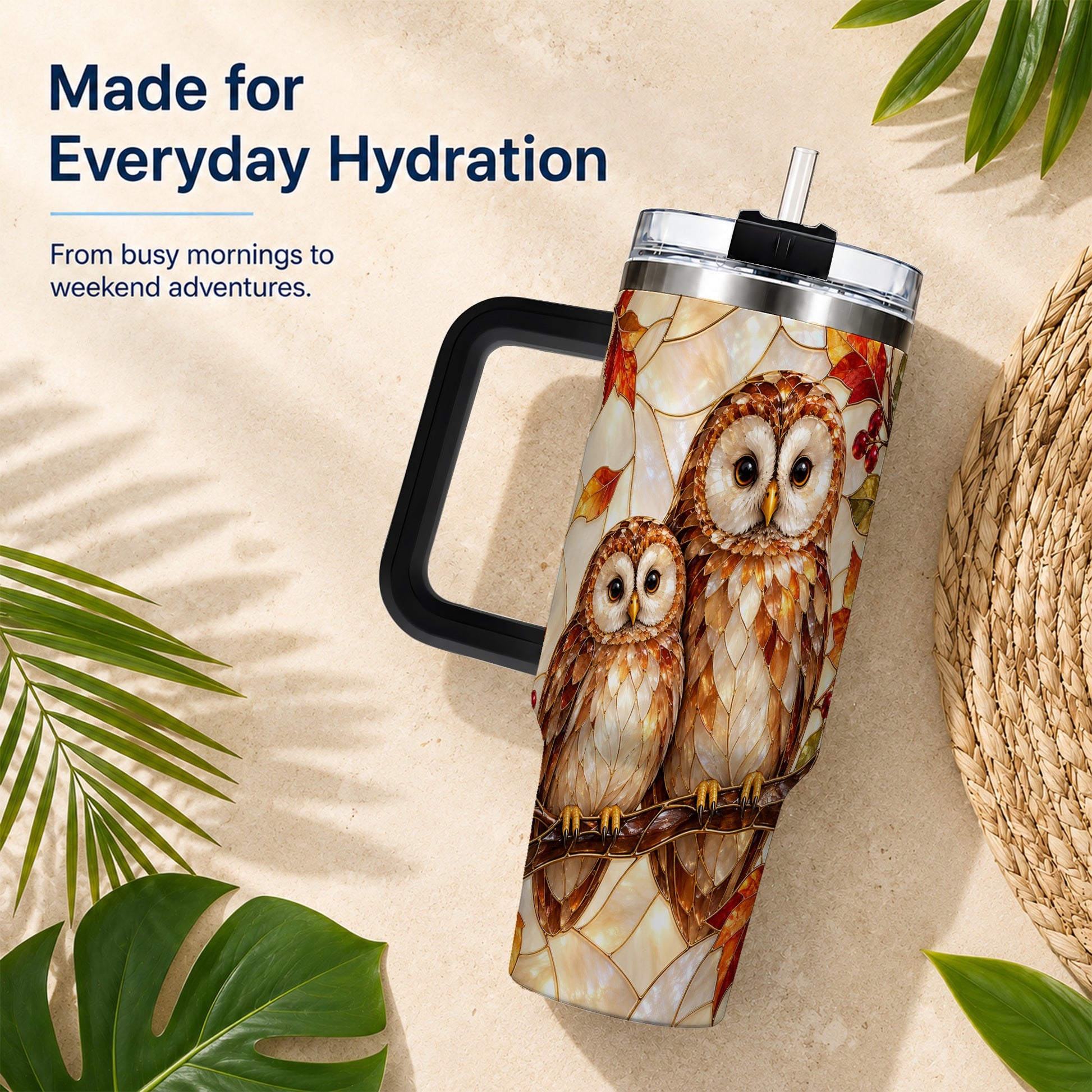 #pl[40oz|Black] Mosaic Owl 40oz Tumbler, Owl Tumbler, Stainless Steel Travel Cup