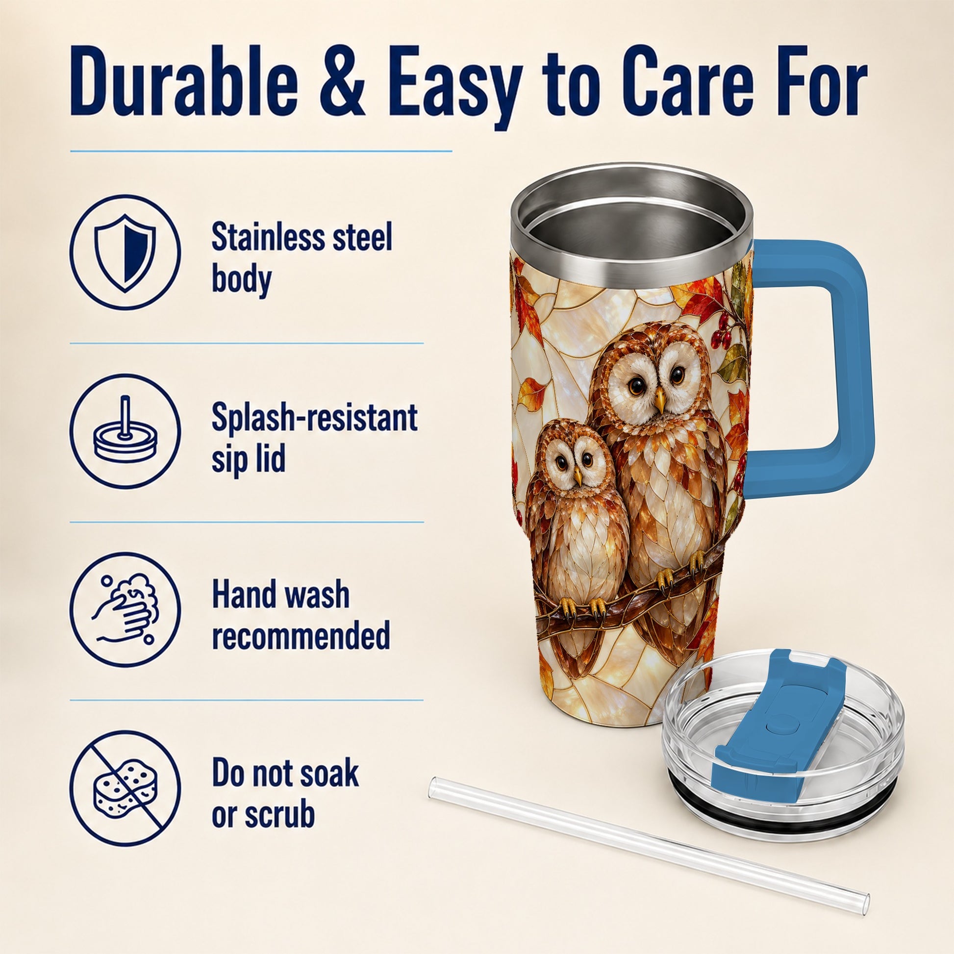#pl[40oz|Blue] Mosaic Owl 40oz Tumbler, Owl Tumbler, Stainless Steel Travel Cup