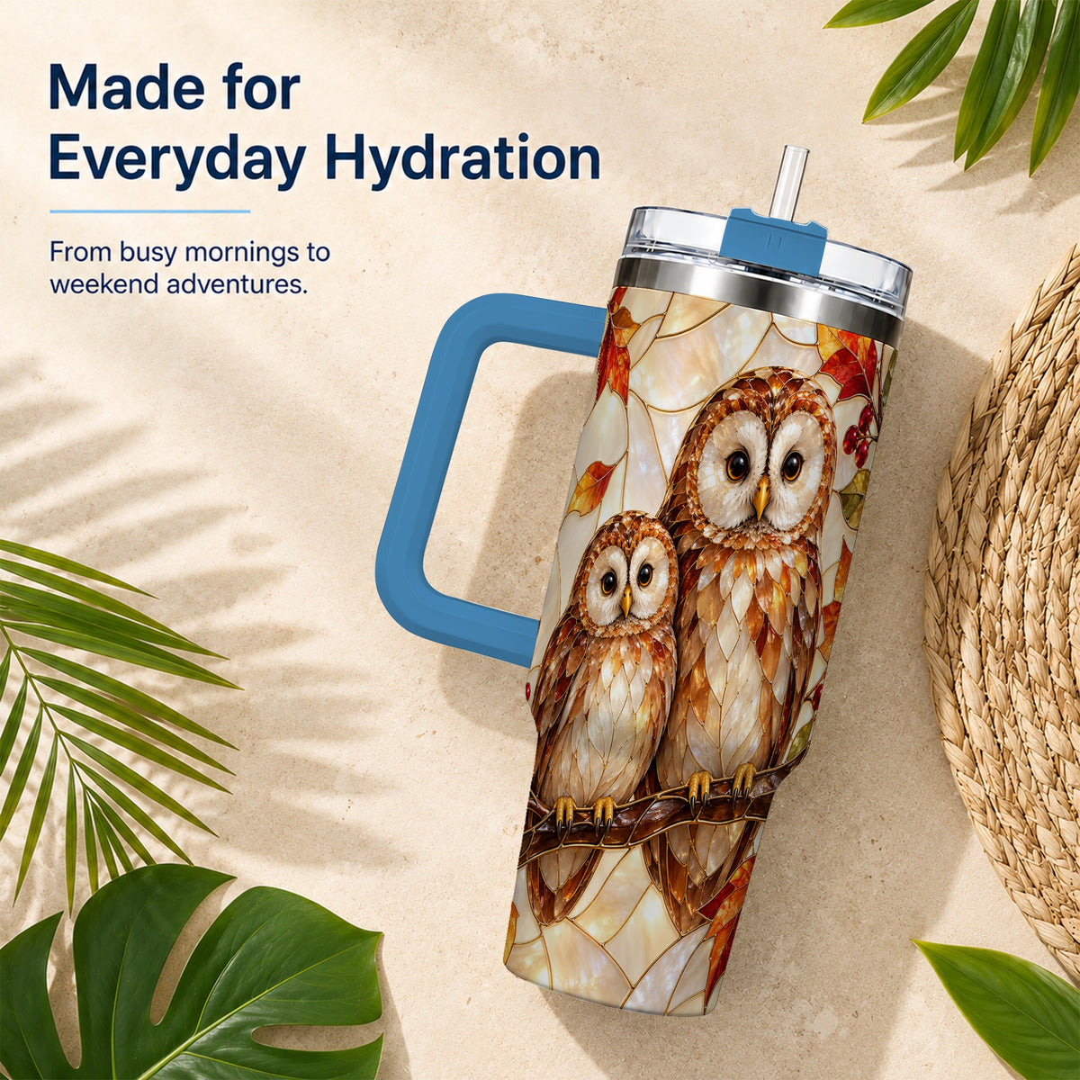#pl[40oz|Blue] Mosaic Owl 40oz Tumbler, Owl Tumbler, Stainless Steel Travel Cup