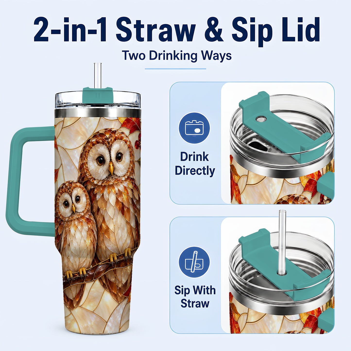 #pl[40oz|Green] Mosaic Owl 40oz Tumbler, Owl Tumbler, Stainless Steel Travel Cup