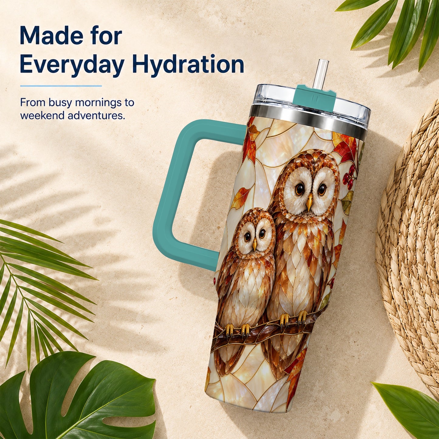 #pl[40oz|Green] Mosaic Owl 40oz Tumbler, Owl Tumbler, Stainless Steel Travel Cup