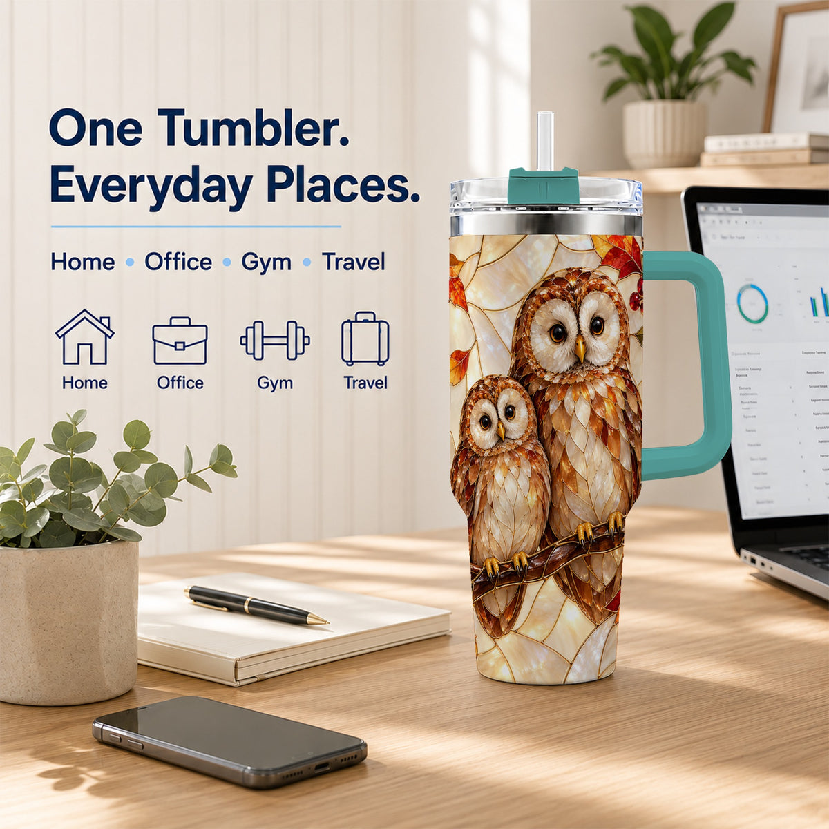 #pl[40oz|Green] Mosaic Owl 40oz Tumbler, Owl Tumbler, Stainless Steel Travel Cup