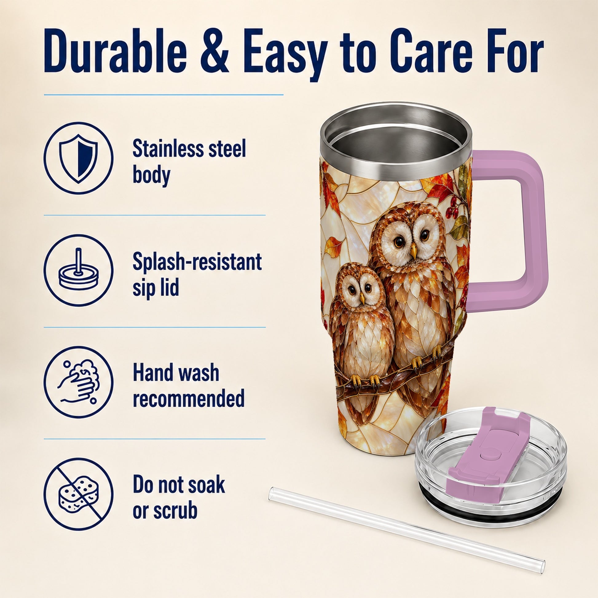 #pl[40oz|Pink] Mosaic Owl 40oz Tumbler, Owl Tumbler, Stainless Steel Travel Cup