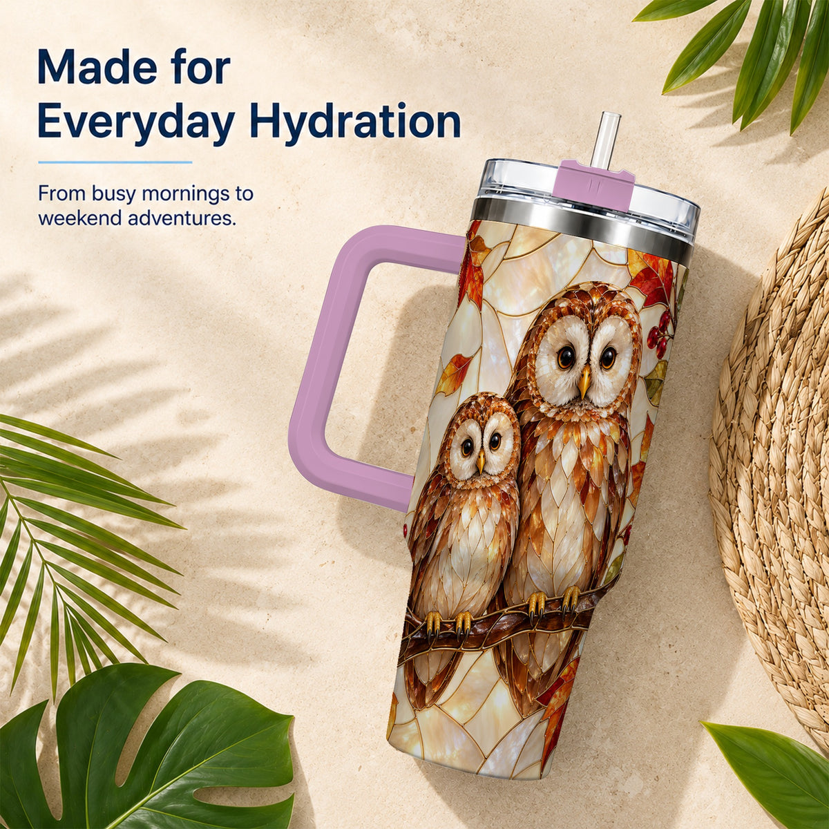 #pl[40oz|Pink] Mosaic Owl 40oz Tumbler, Owl Tumbler, Stainless Steel Travel Cup