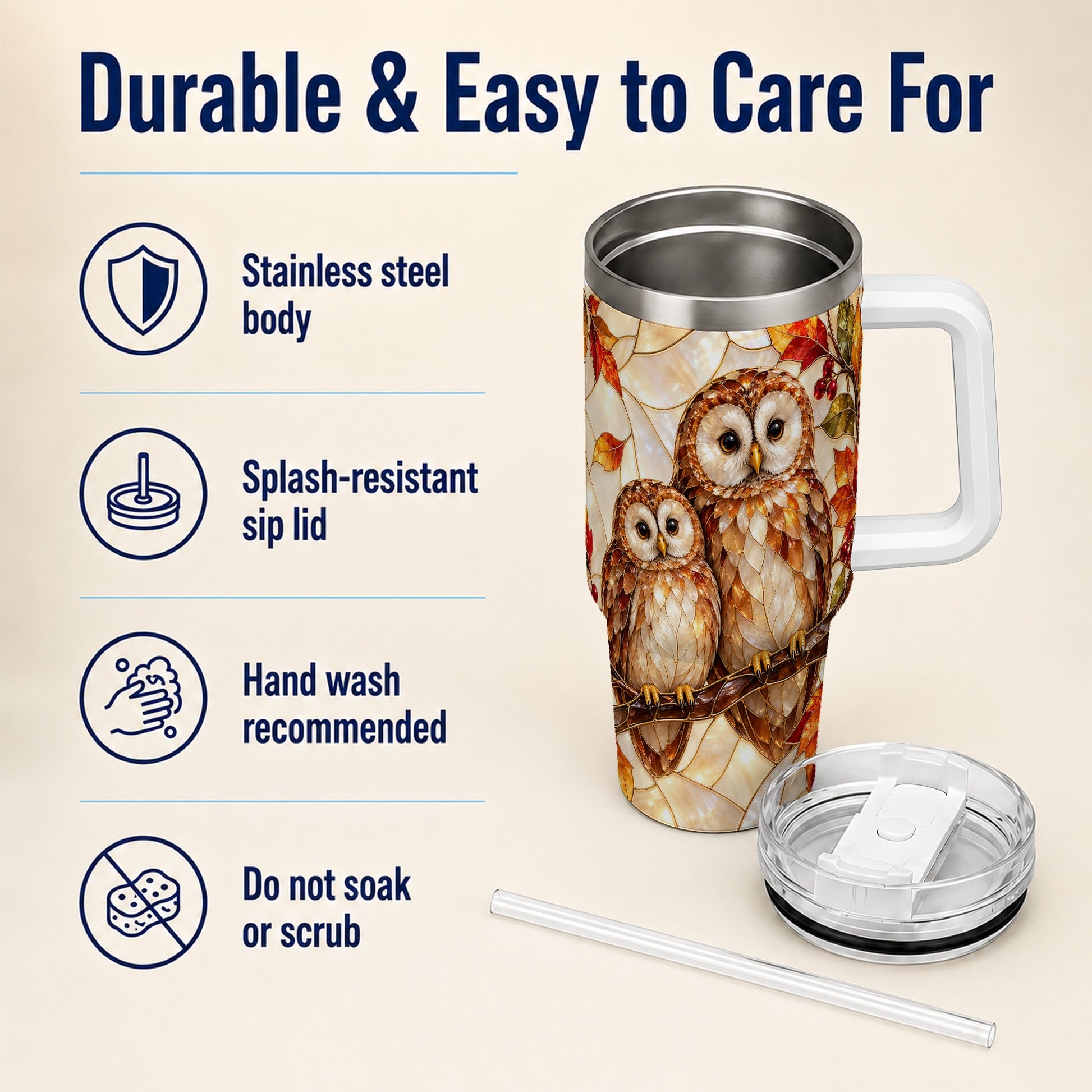 #pl[40oz|White] Mosaic Owl 40oz Tumbler, Owl Tumbler, Stainless Steel Travel Cup