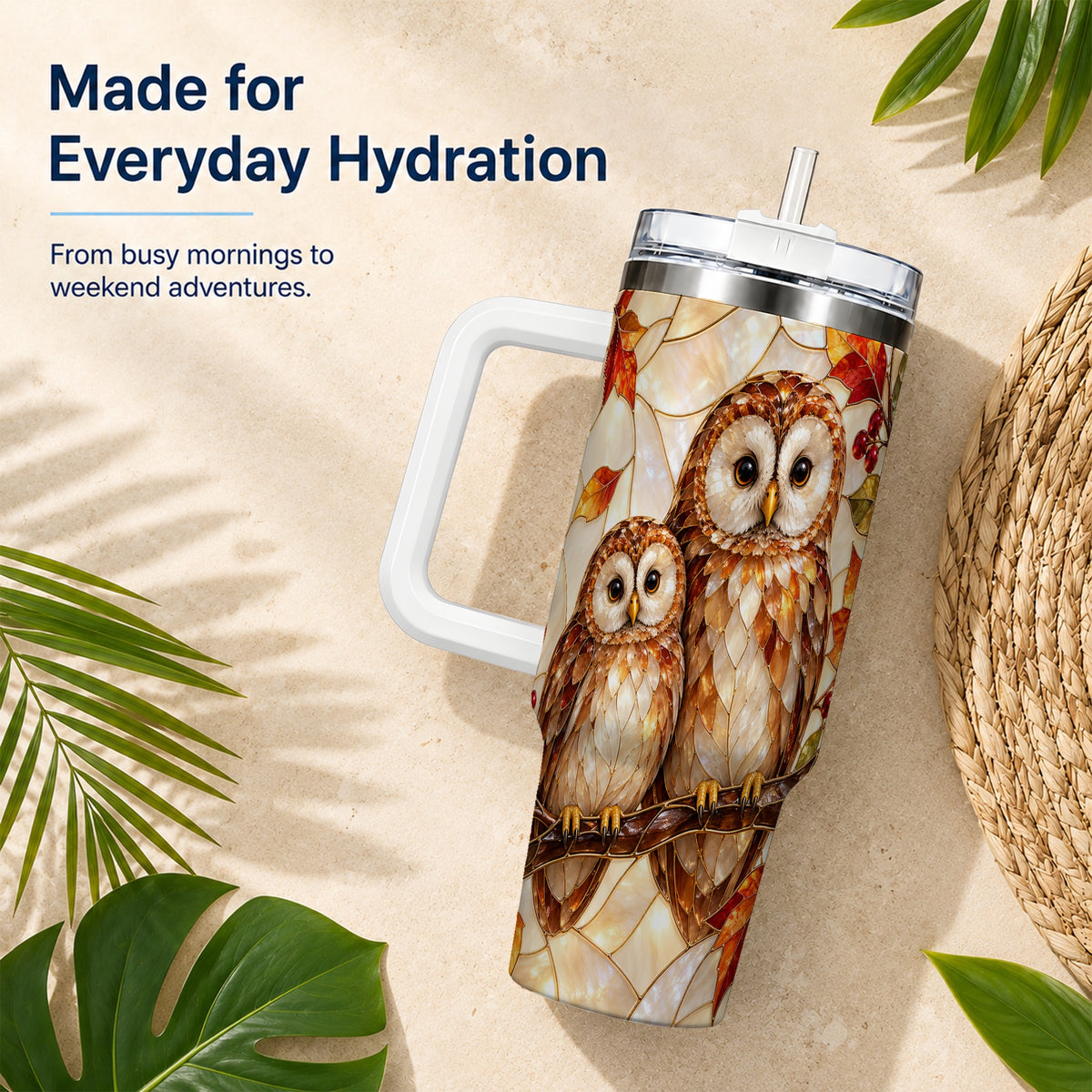 #pl[40oz|White] Mosaic Owl 40oz Tumbler, Owl Tumbler, Stainless Steel Travel Cup