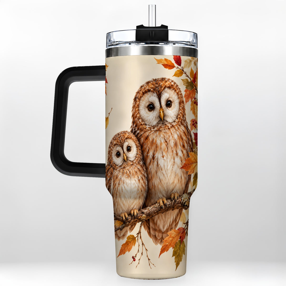 #pl[40oz|Black] Autumn Owl Pair 40oz Tumbler, Owl Tumbler, Stainless Steel Travel Cup