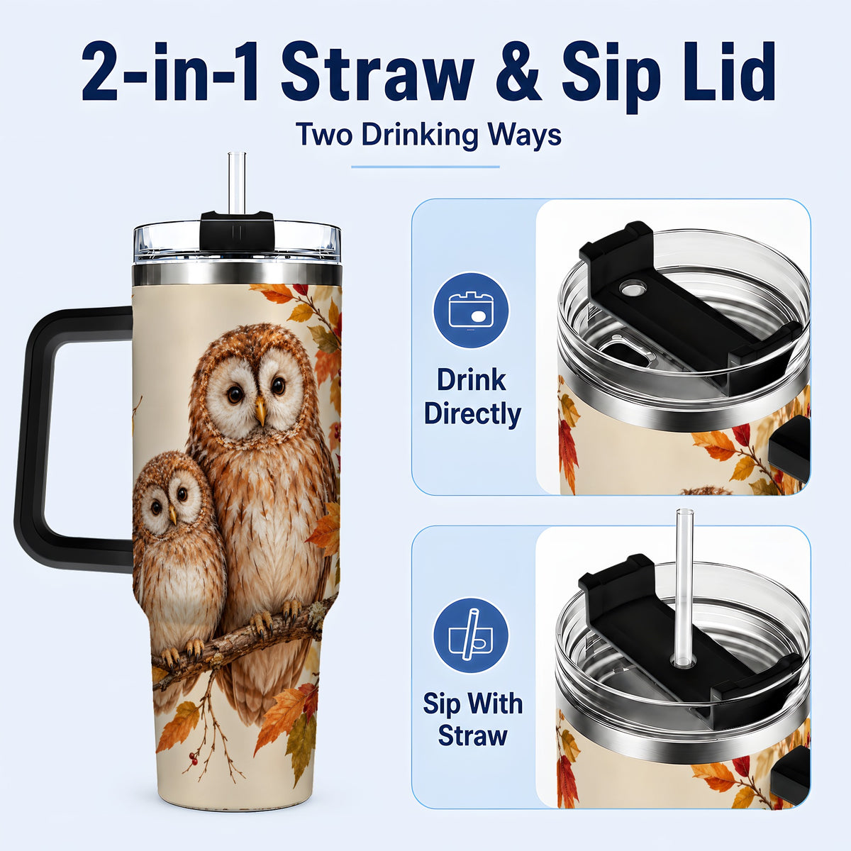 #pl[40oz|Black] Autumn Owl Pair 40oz Tumbler, Owl Tumbler, Stainless Steel Travel Cup