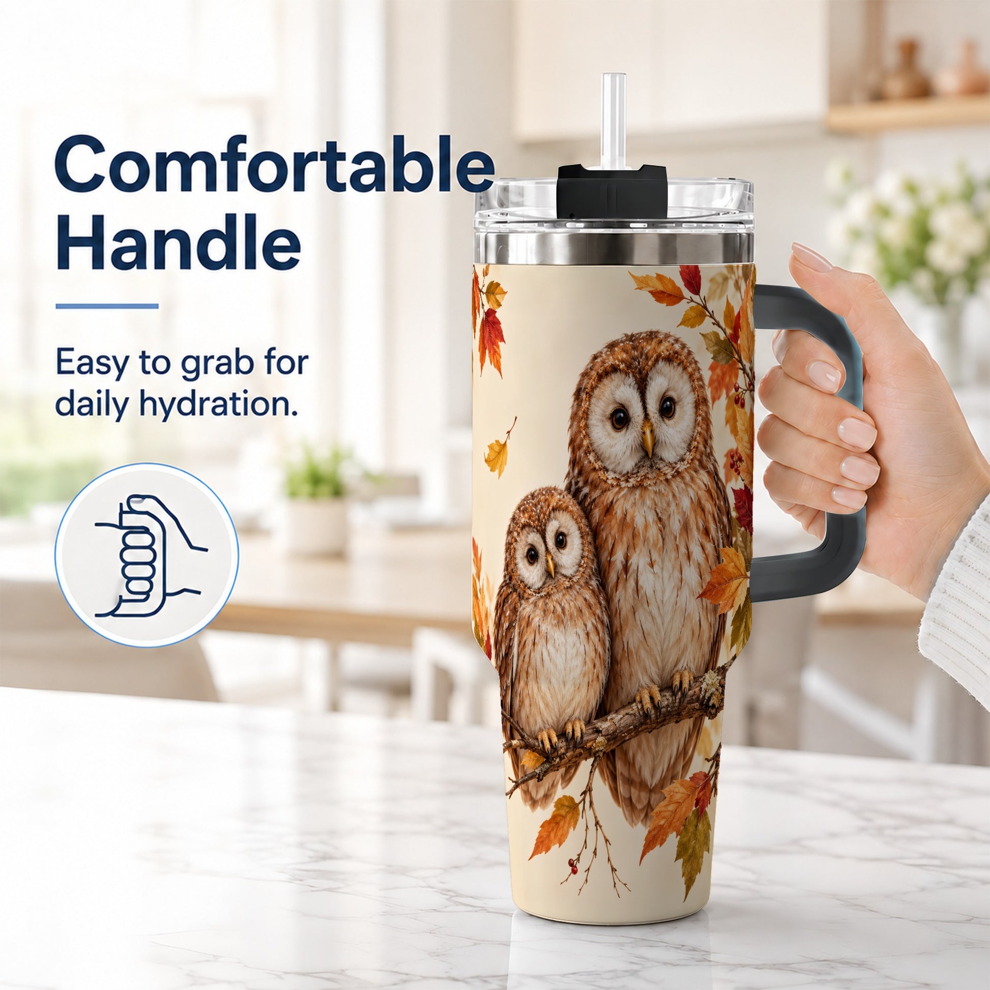 #pl[40oz|Black] Autumn Owl Pair 40oz Tumbler, Owl Tumbler, Stainless Steel Travel Cup