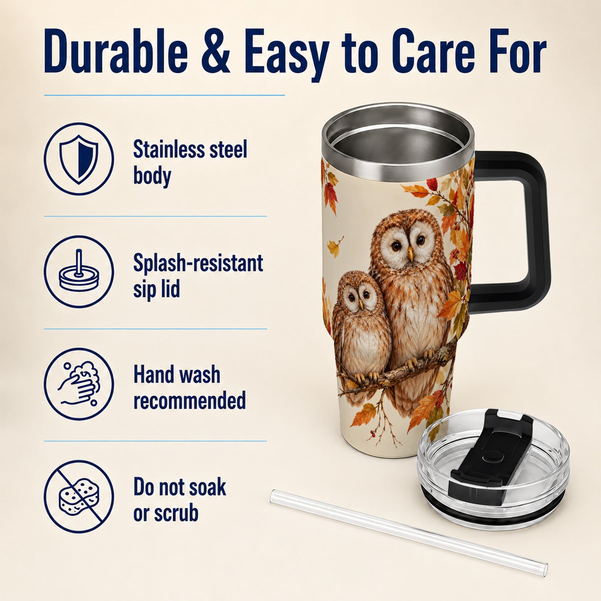 #pl[40oz|Black] Autumn Owl Pair 40oz Tumbler, Owl Tumbler, Stainless Steel Travel Cup
