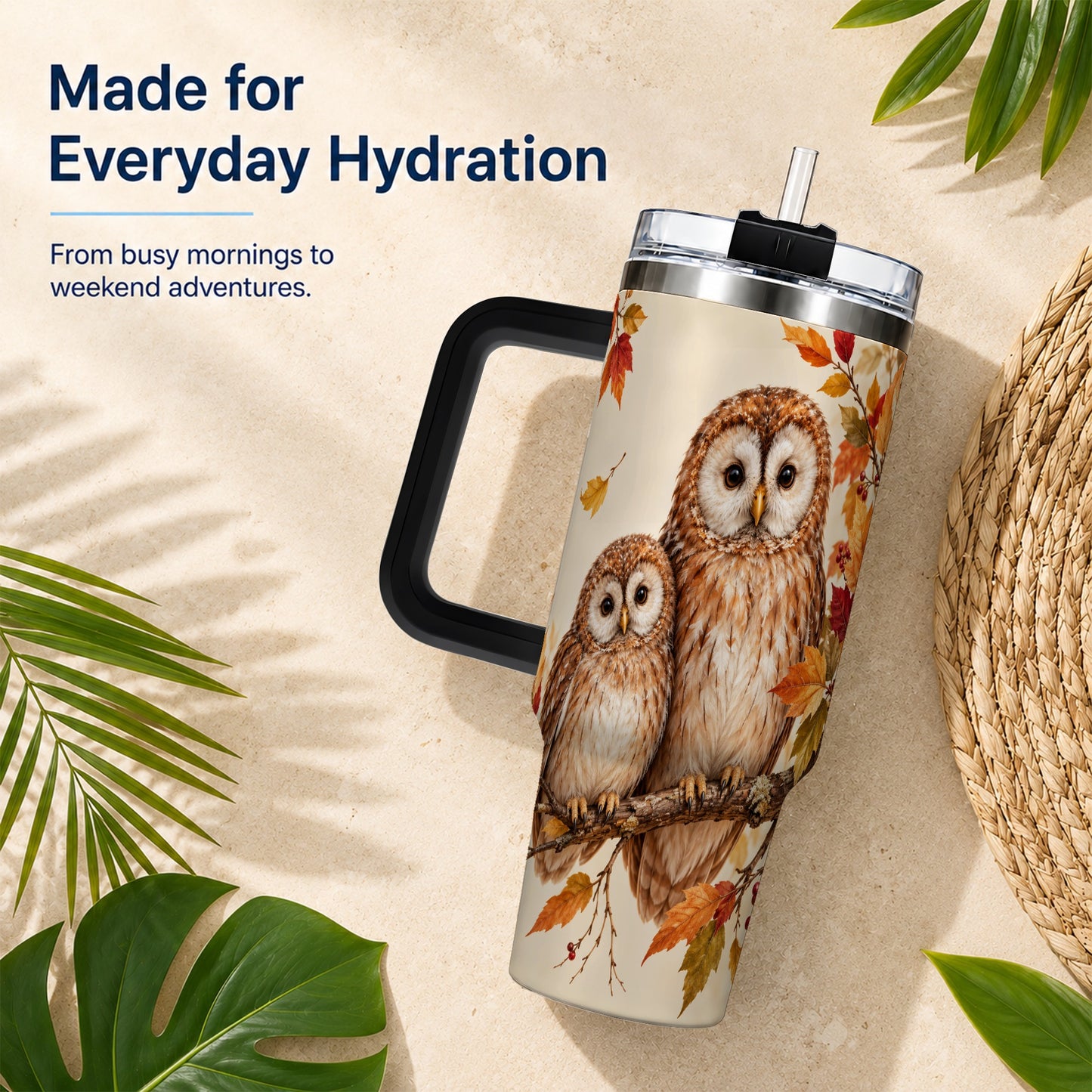 #pl[40oz|Black] Autumn Owl Pair 40oz Tumbler, Owl Tumbler, Stainless Steel Travel Cup
