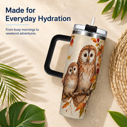 #pl[40oz|Black] Autumn Owl Pair 40oz Tumbler, Owl Tumbler, Stainless Steel Travel Cup