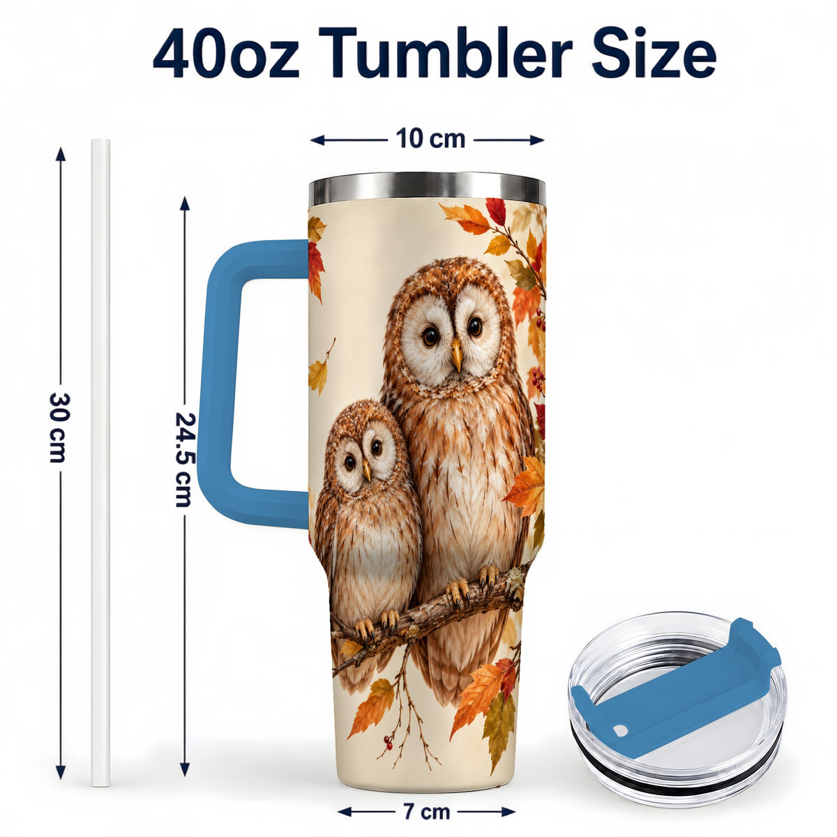 #pl[40oz|Blue] Autumn Owl Pair 40oz Tumbler, Owl Tumbler, Stainless Steel Travel Cup