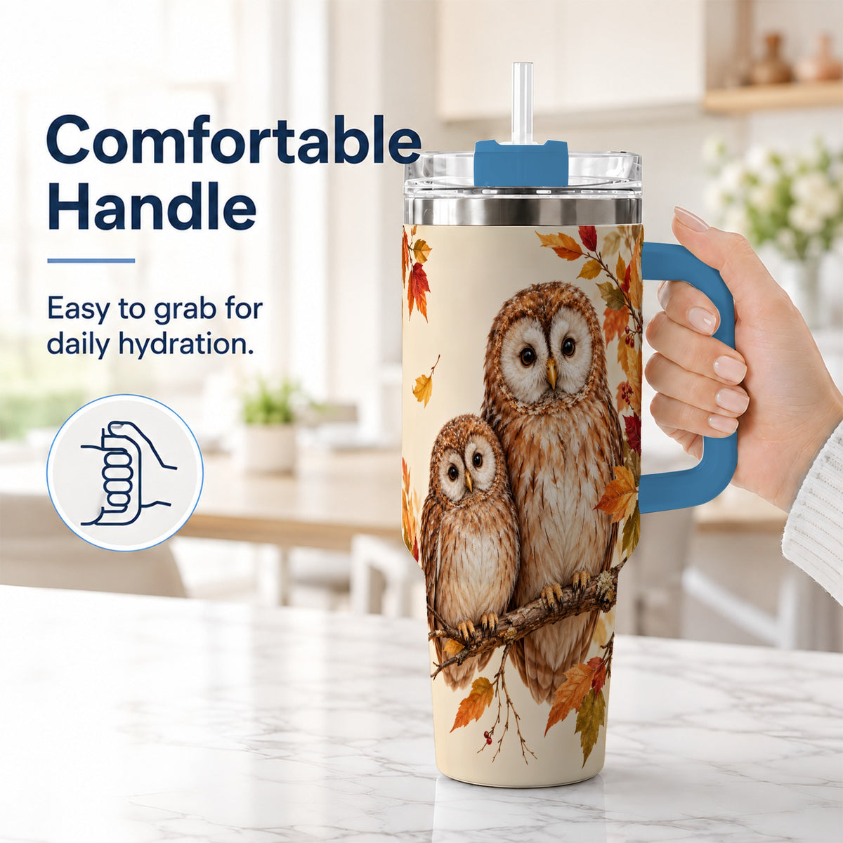 #pl[40oz|Blue] Autumn Owl Pair 40oz Tumbler, Owl Tumbler, Stainless Steel Travel Cup