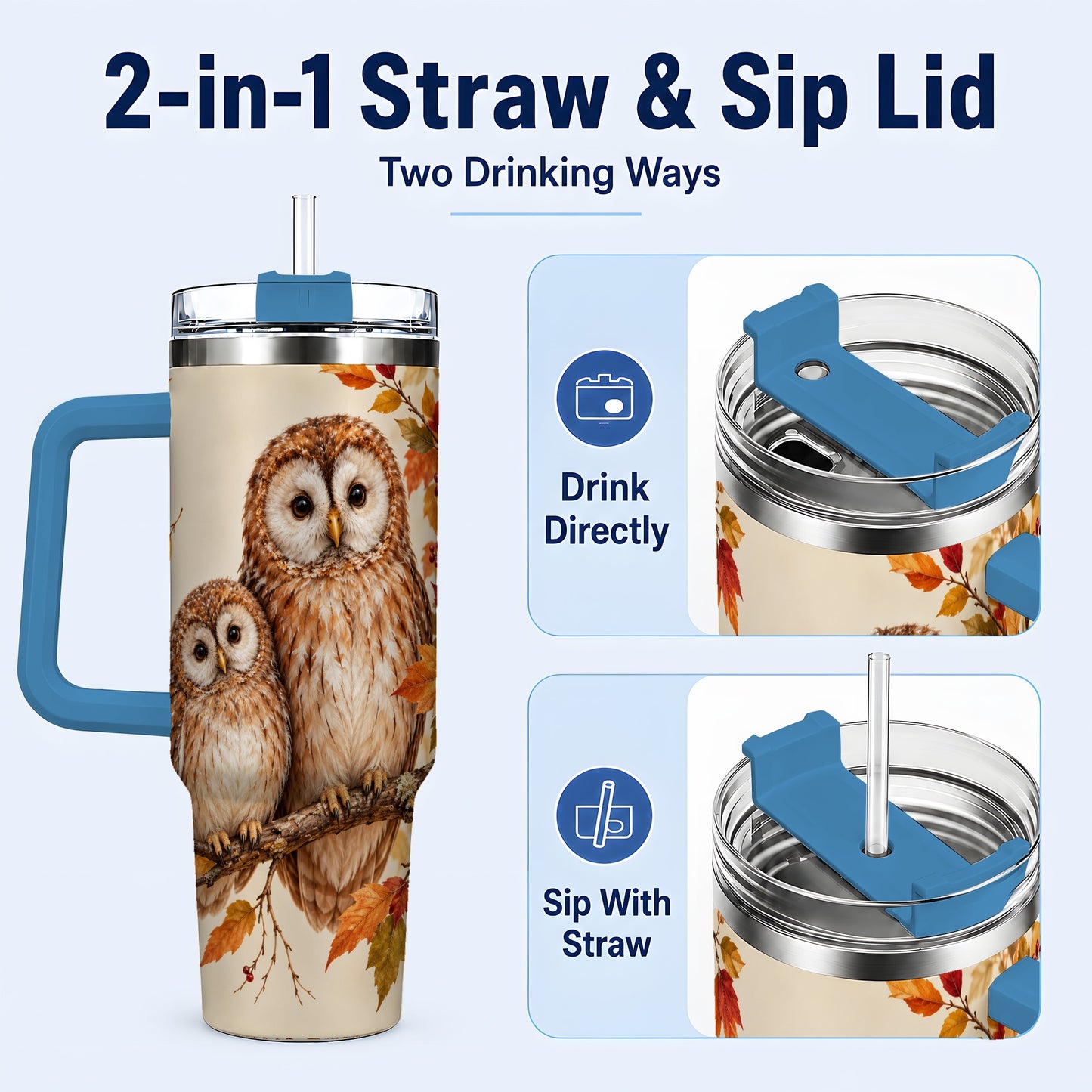 #pl[40oz|Blue] Autumn Owl Pair 40oz Tumbler, Owl Tumbler, Stainless Steel Travel Cup