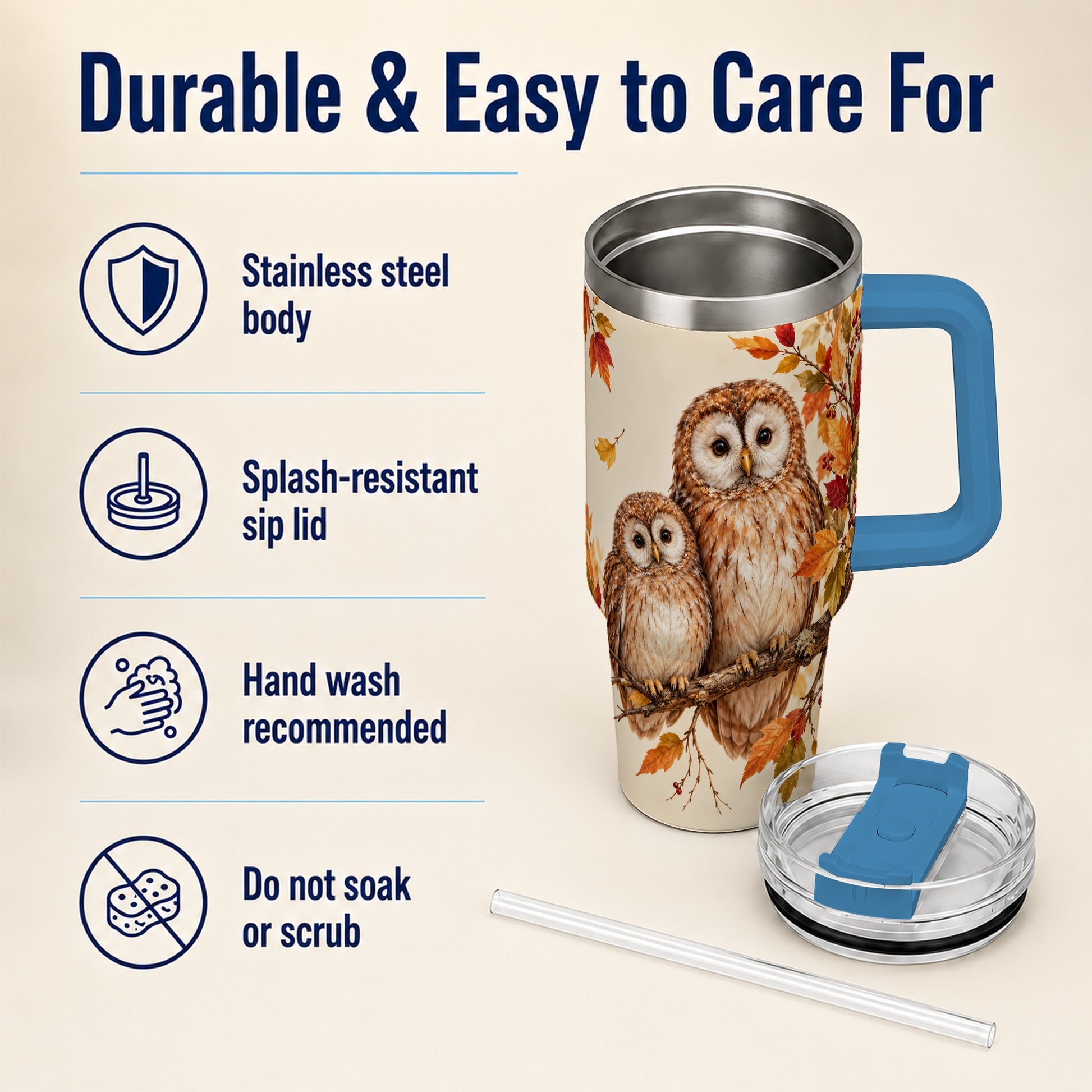 #pl[40oz|Blue] Autumn Owl Pair 40oz Tumbler, Owl Tumbler, Stainless Steel Travel Cup