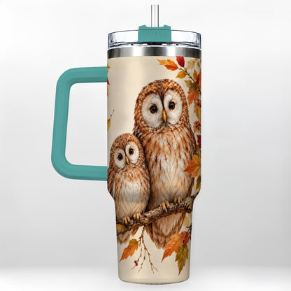 #pl[40oz|Green] Autumn Owl Pair 40oz Tumbler, Owl Tumbler, Stainless Steel Travel Cup