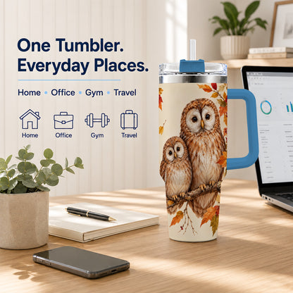 #pl[40oz|Blue] Autumn Owl Pair 40oz Tumbler, Owl Tumbler, Stainless Steel Travel Cup