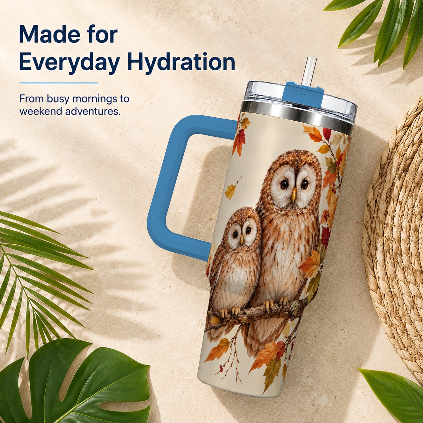 #pl[40oz|Blue] Autumn Owl Pair 40oz Tumbler, Owl Tumbler, Stainless Steel Travel Cup