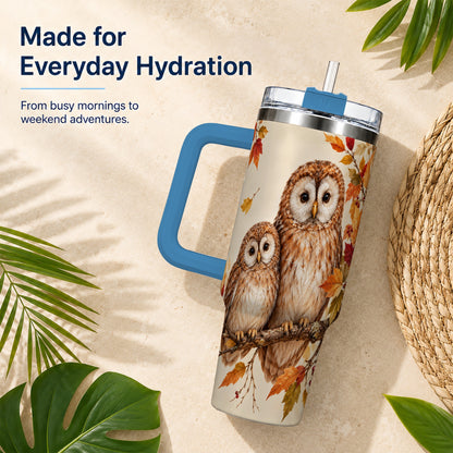 #pl[40oz|Blue] Autumn Owl Pair 40oz Tumbler, Owl Tumbler, Stainless Steel Travel Cup