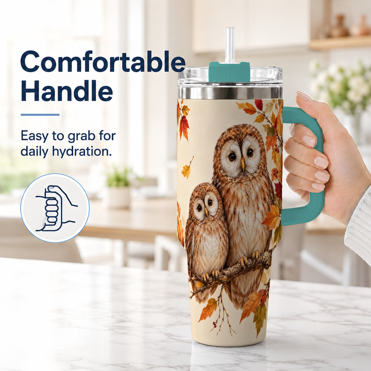 #pl[40oz|Green] Autumn Owl Pair 40oz Tumbler, Owl Tumbler, Stainless Steel Travel Cup