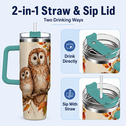 #pl[40oz|Green] Autumn Owl Pair 40oz Tumbler, Owl Tumbler, Stainless Steel Travel Cup
