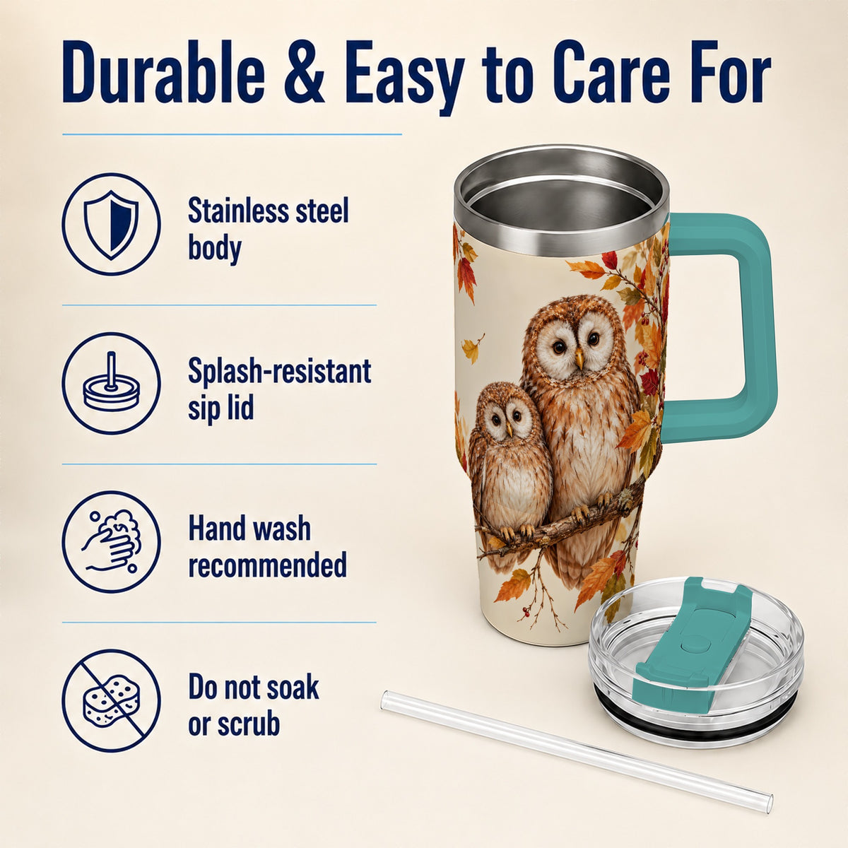 #pl[40oz|Green] Autumn Owl Pair 40oz Tumbler, Owl Tumbler, Stainless Steel Travel Cup