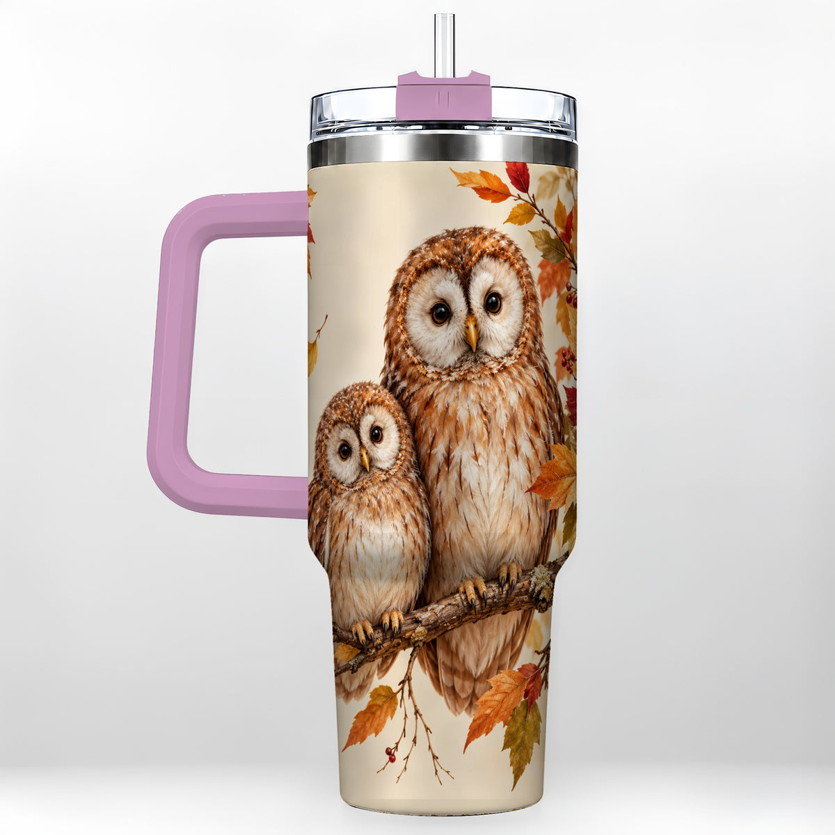 #pl[40oz|Pink] Autumn Owl Pair 40oz Tumbler, Owl Tumbler, Stainless Steel Travel Cup