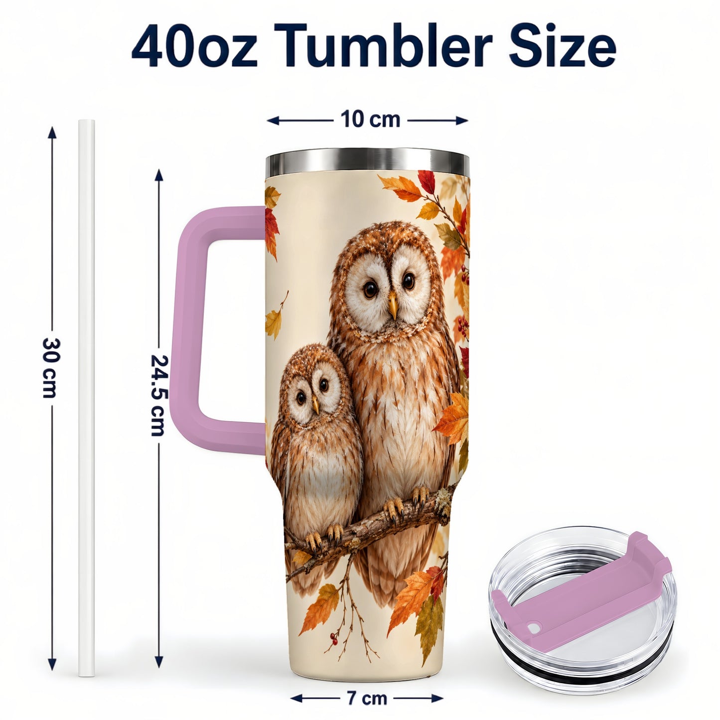 #pl[40oz|Pink] Autumn Owl Pair 40oz Tumbler, Owl Tumbler, Stainless Steel Travel Cup