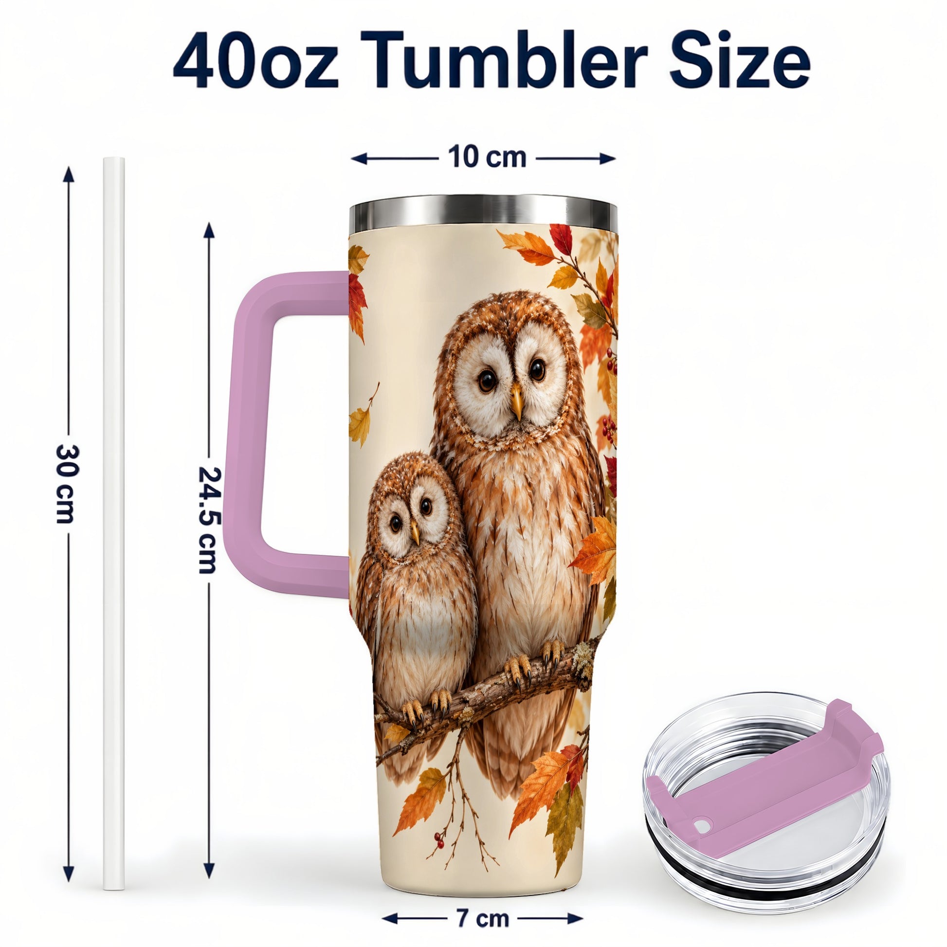 #pl[40oz|Pink] Autumn Owl Pair 40oz Tumbler, Owl Tumbler, Stainless Steel Travel Cup
