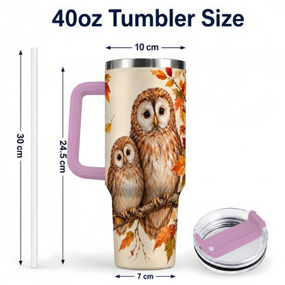 #pl[40oz|Pink] Autumn Owl Pair 40oz Tumbler, Owl Tumbler, Stainless Steel Travel Cup