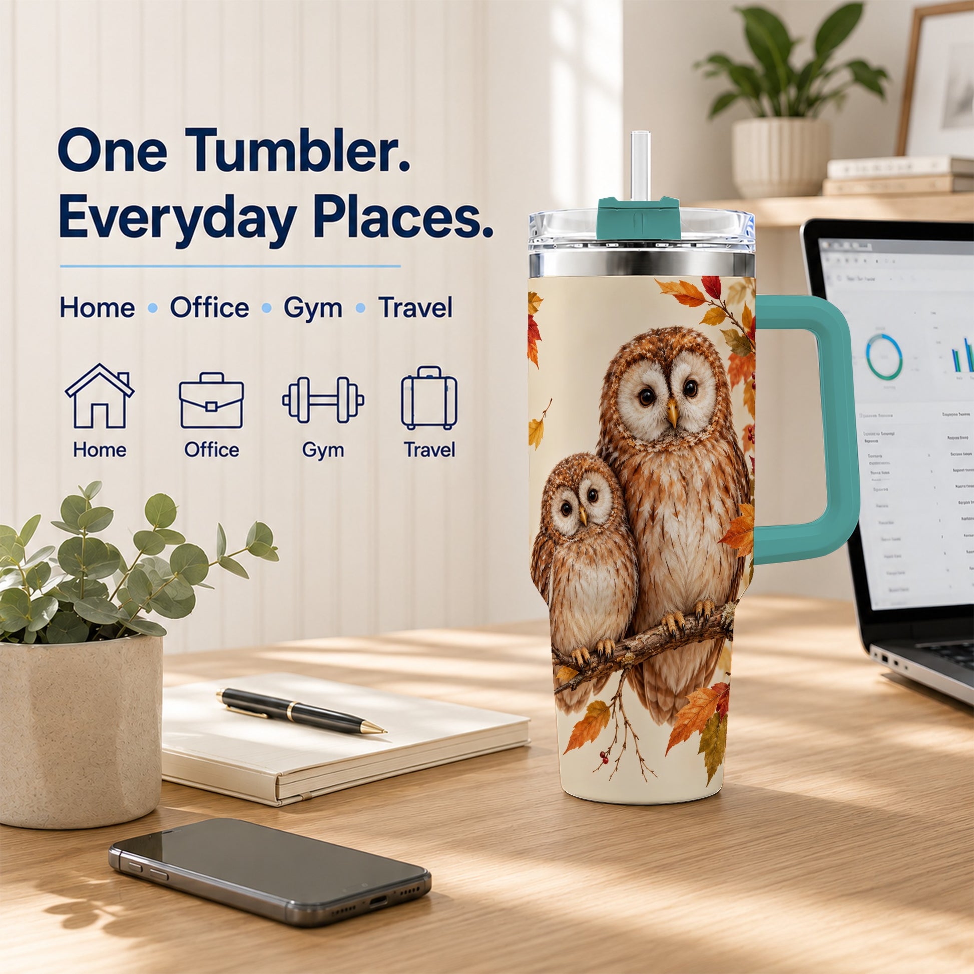 #pl[40oz|Green] Autumn Owl Pair 40oz Tumbler, Owl Tumbler, Stainless Steel Travel Cup