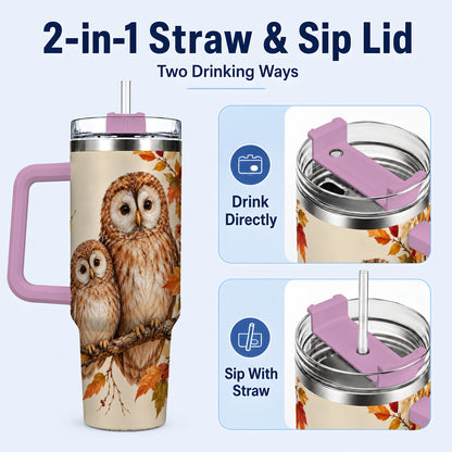 #pl[40oz|Pink] Autumn Owl Pair 40oz Tumbler, Owl Tumbler, Stainless Steel Travel Cup