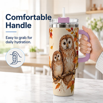 #pl[40oz|Pink] Autumn Owl Pair 40oz Tumbler, Owl Tumbler, Stainless Steel Travel Cup
