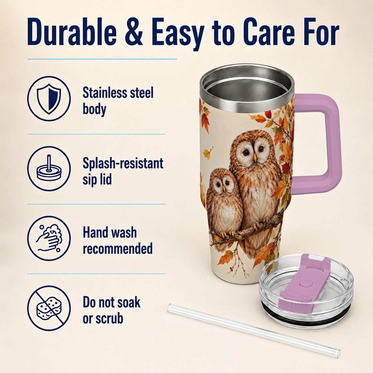 #pl[40oz|Pink] Autumn Owl Pair 40oz Tumbler, Owl Tumbler, Stainless Steel Travel Cup
