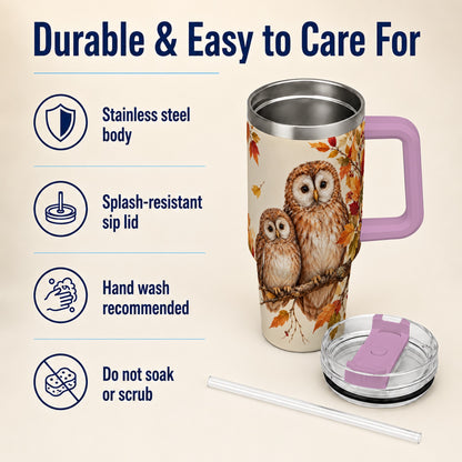 #pl[40oz|Pink] Autumn Owl Pair 40oz Tumbler, Owl Tumbler, Stainless Steel Travel Cup