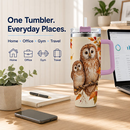 #pl[40oz|Pink] Autumn Owl Pair 40oz Tumbler, Owl Tumbler, Stainless Steel Travel Cup