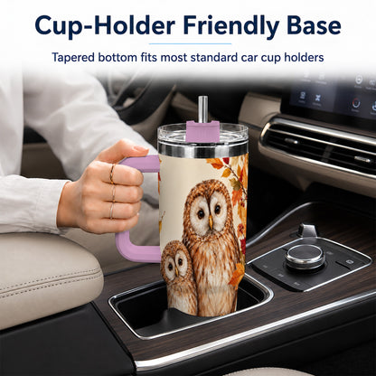 #pl[40oz|Pink] Autumn Owl Pair 40oz Tumbler, Owl Tumbler, Stainless Steel Travel Cup