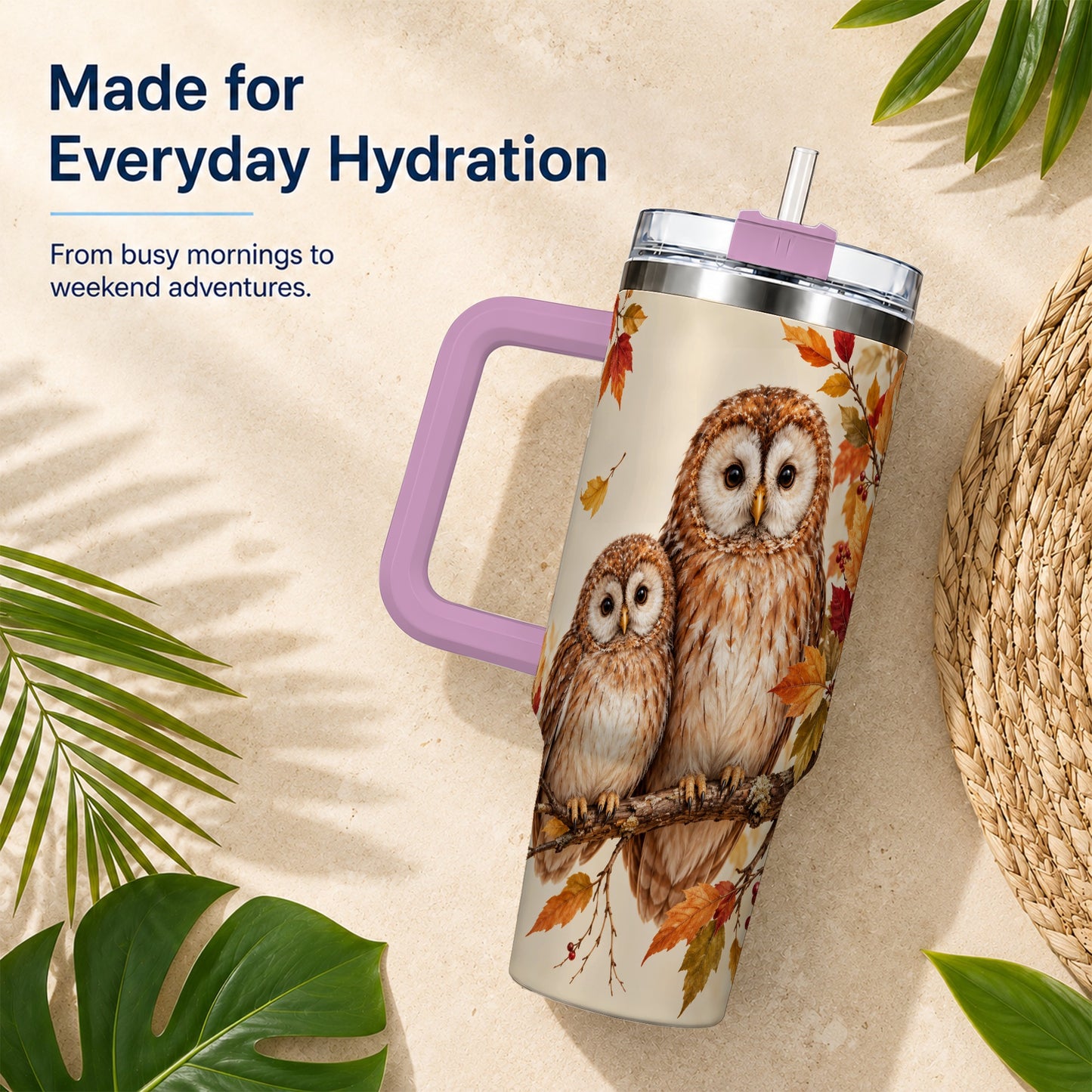 #pl[40oz|Pink] Autumn Owl Pair 40oz Tumbler, Owl Tumbler, Stainless Steel Travel Cup