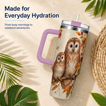 #pl[40oz|Pink] Autumn Owl Pair 40oz Tumbler, Owl Tumbler, Stainless Steel Travel Cup