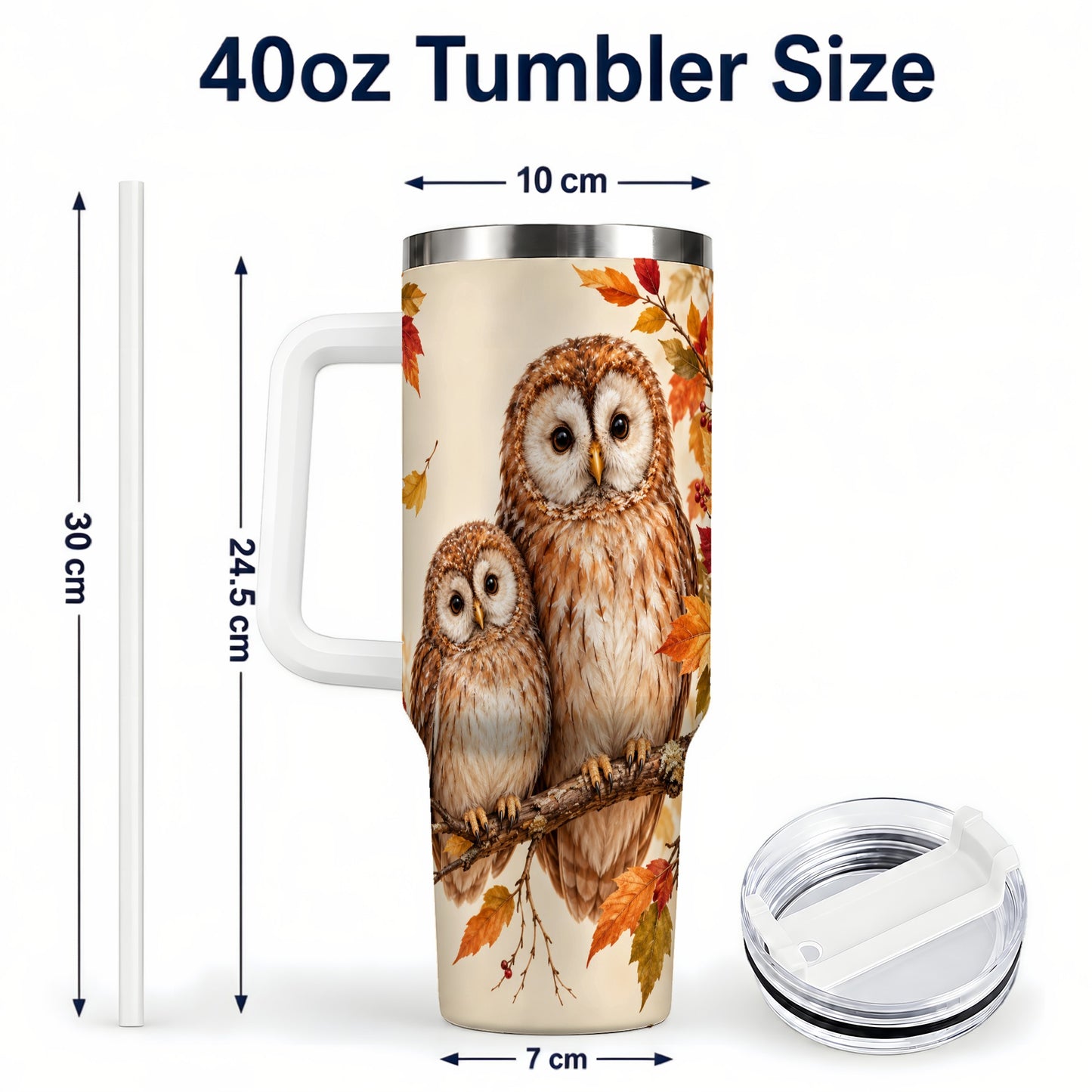 #pl[40oz|White] Autumn Owl Pair 40oz Tumbler, Owl Tumbler, Stainless Steel Travel Cup