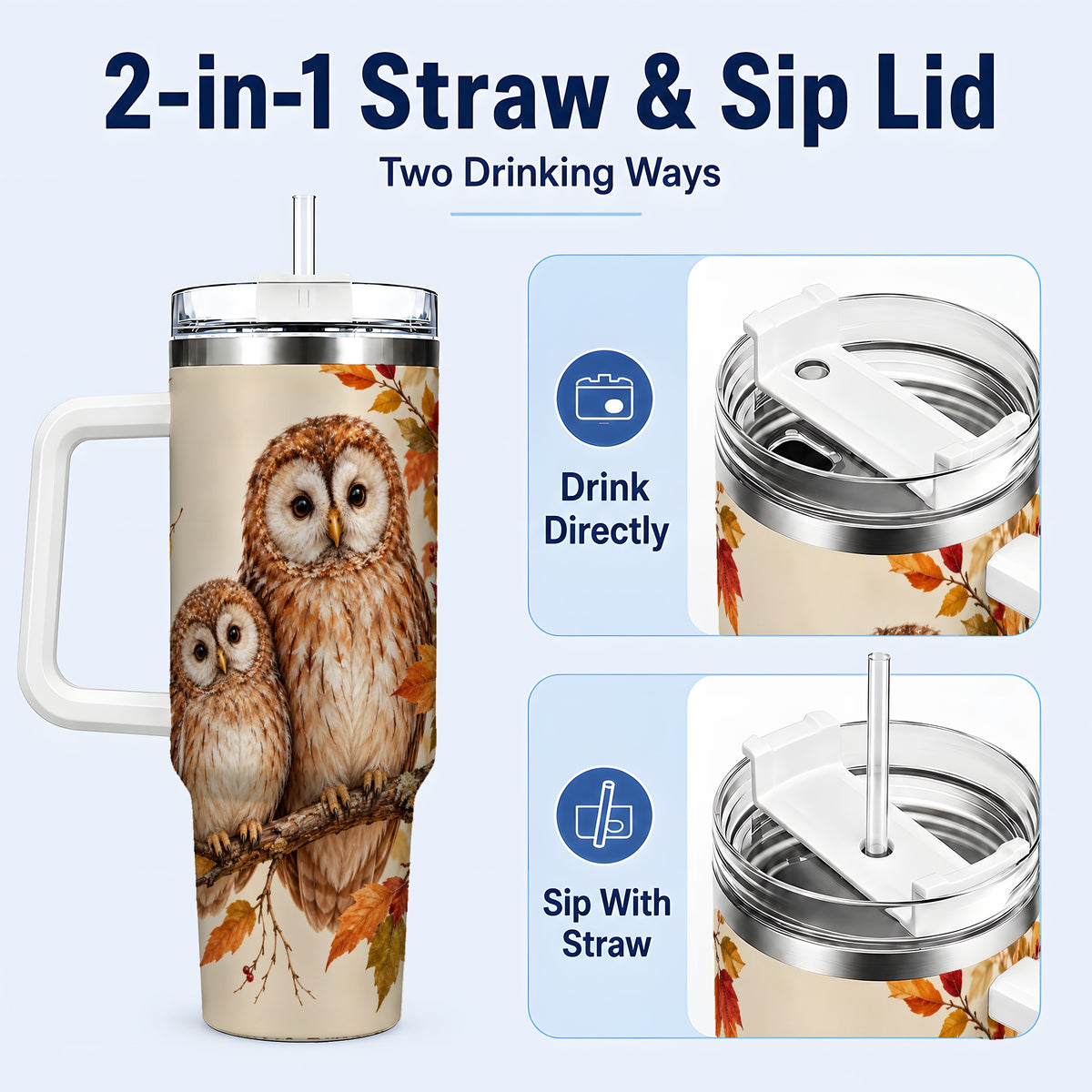 #pl[40oz|White] Autumn Owl Pair 40oz Tumbler, Owl Tumbler, Stainless Steel Travel Cup