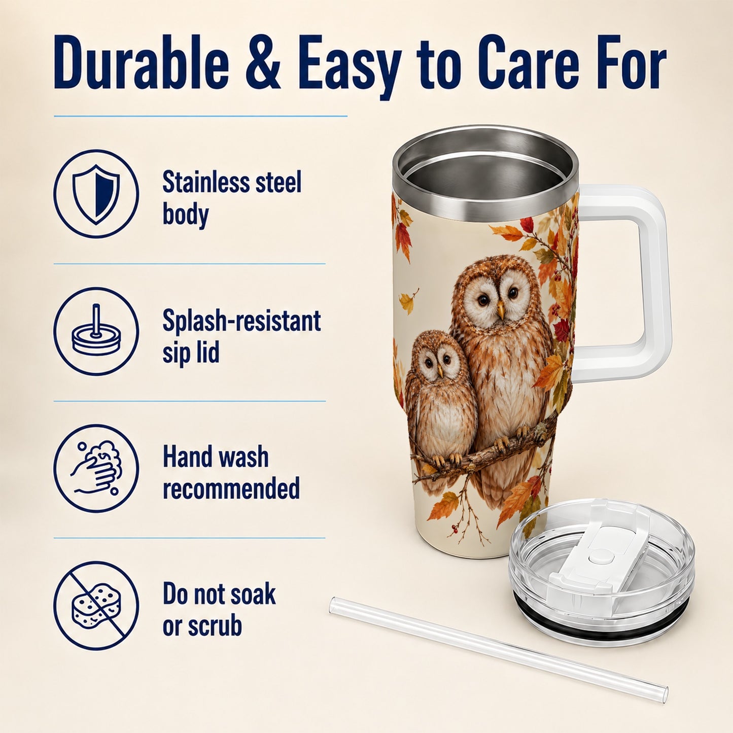#pl[40oz|White] Autumn Owl Pair 40oz Tumbler, Owl Tumbler, Stainless Steel Travel Cup