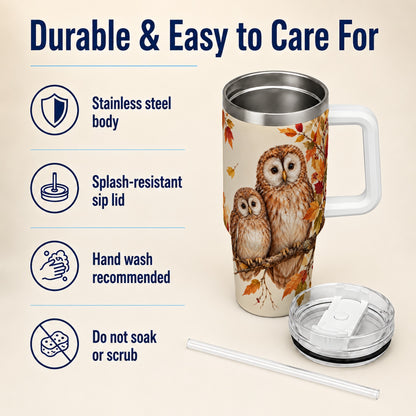 #pl[40oz|White] Autumn Owl Pair 40oz Tumbler, Owl Tumbler, Stainless Steel Travel Cup